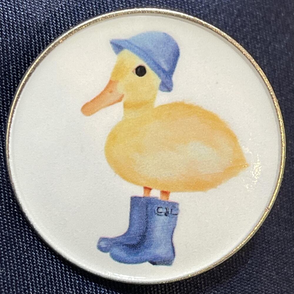 NWOT Yellow Blue Duck Chick Bird Brooch Lapel Pin Rain Boots Hat Weather